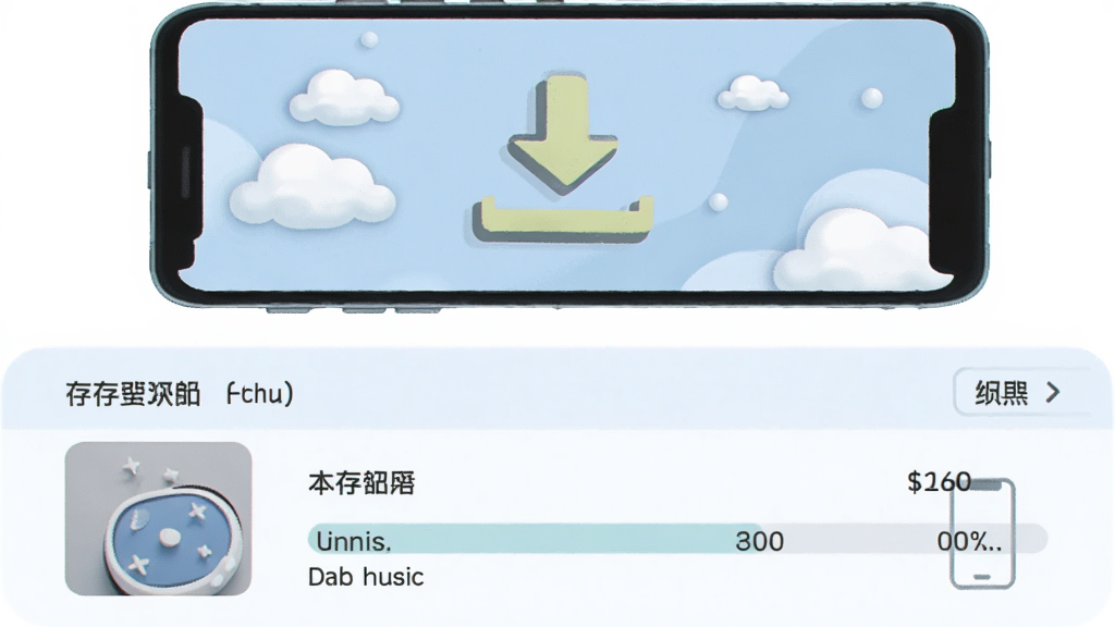 主体为手机与下载箭头组合图标,布局上下分布展示缓存进度条与本地音乐列表,排版整齐,风格为清新浅色插画,细节包含云朵与存储空间标识,画质高清干净无多余元素