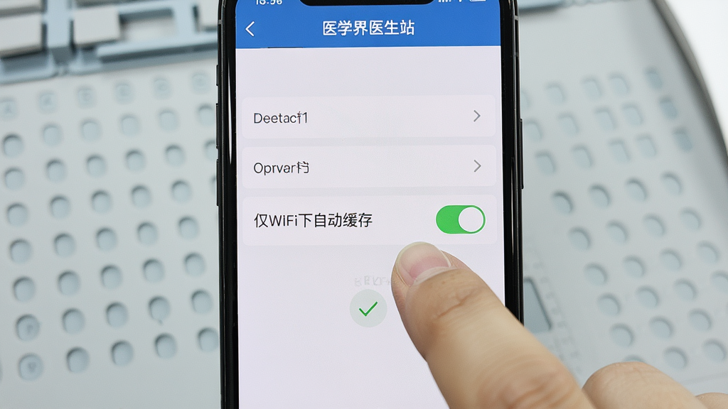����Ϊһ���ֻ���Ļ��д����Ļ��ʾҽѧ��ҽ��վ����ҳ�棬���С���WiFi���Զ����桱���ش��ڿ���״̬���Ա�����ɫ�Թ�ͼ�ꣻ����Ϊ�����ֻ�����չʾ������Ϊǳ��ɫ����̨�棻���Ϊ�����Ʒʵ�ķ磻ϸ�ڰ�����ָ������صĶ����������������ɾ����޶���Ԫ��