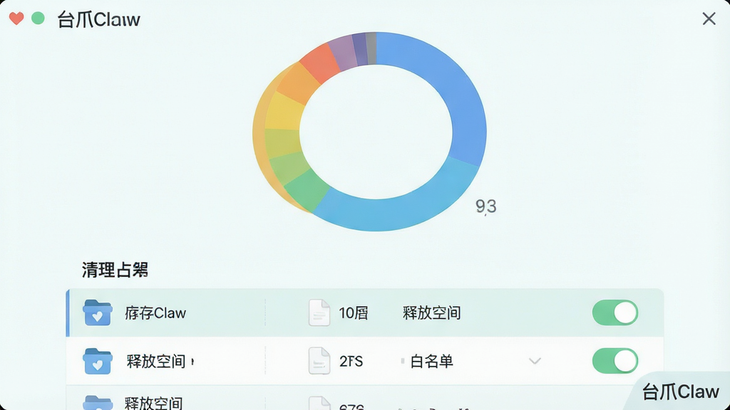 һ�š�̨צClaw���洢��������ʾ��ͼ������Ϊ���δ洢ռ��ͼ�������б�������Ϊ�Ϸ�����ͼ�·��б����������ǳɫϵ��ϸ�ڰ��������ļ�ͼ�ꡢ�ͷſռ����֡����������أ����ʸɾ�����������������̨צClaw����ʶ