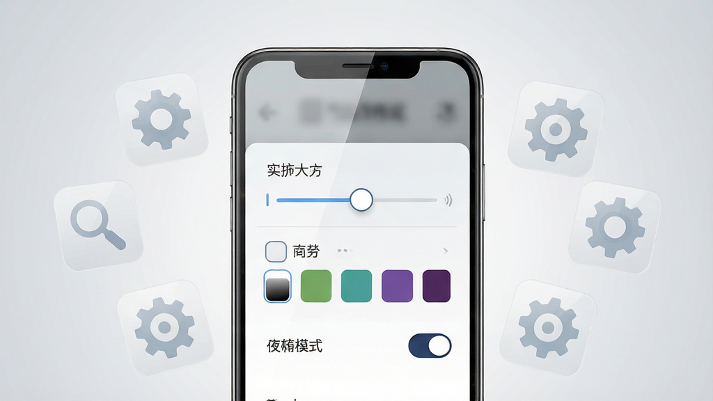 画面主体为一部智能手机特写,屏幕上显示着小说阅读界面,界面中有字体大小调节滑块、背景色选择色块和夜间模式开关等设置选项,手机周围漂浮着几个半透明的设置图标,布局上手机居中,图标环绕四周呈放射状分布,排版简洁直观,风格为扁平化UI设计展示风格,细节处屏幕有细腻的玻璃反光质感,背景为浅灰色渐变,画面干净无杂乱元素,画质高清