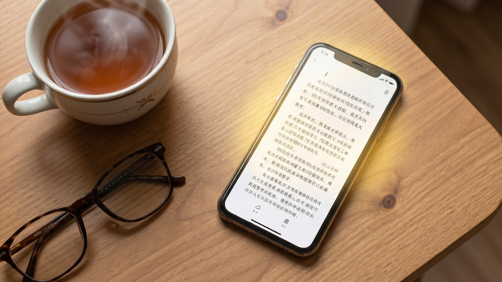 画面主体为一部手机放置在桌面上,手机屏幕显示小说阅读界面,旁边有一杯热茶和一副眼镜,布局上手机位于画面中心偏右,茶具和眼镜在左侧形成生活化陪衬,排版采用俯拍视角的静物构图,风格为温馨居家阅读场景,细节处手机屏幕有柔和的光晕,桌面有木纹质感,画面干净无多余杂物,画质细腻自然