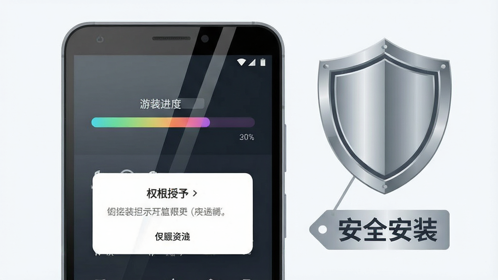 画面主体为一部安卓手机屏幕特写,屏幕上显示游戏安装进度条与权限授予弹窗界面,手机旁边放置一个盾牌图标与“安全安装”字样的标签,布局为居中偏右构图,风格为扁平化科技插画,细节包括屏幕玻璃反光、进度条渐变色彩与盾牌金属质感,画质清晰,画面干净,无多余元素
