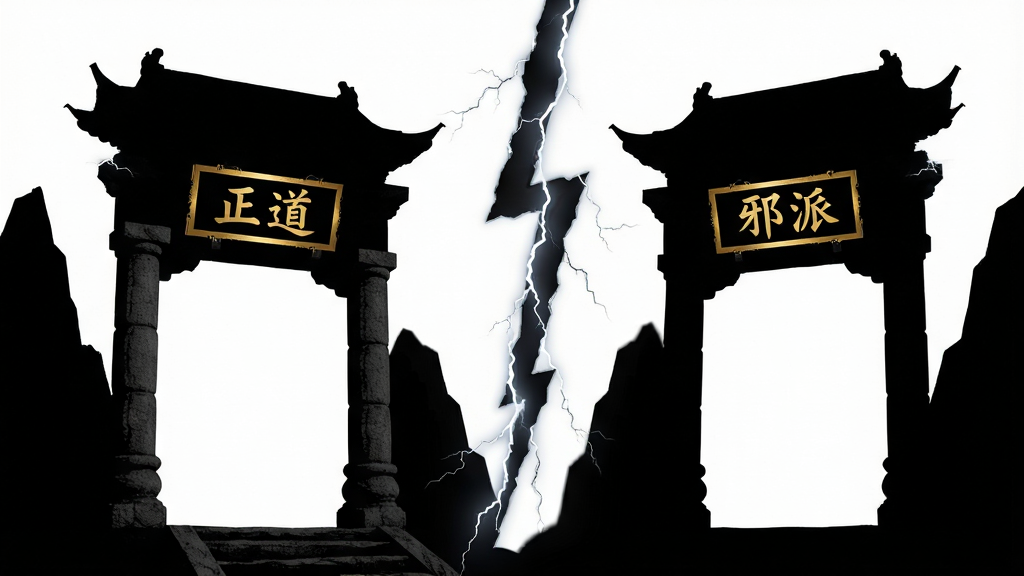 画面主体为两座对峙的山门建筑剪影,左侧山门悬挂“正道”匾额,右侧山门悬挂“邪派”匾额,中间以一道闪电状裂隙分隔,布局为左右对称构图,风格为暗黑武侠与剪影艺术结合,细节包括山门石柱纹理、匾额鎏金字体与裂隙中的电光效果,画质高清,画面干净,无多余元素