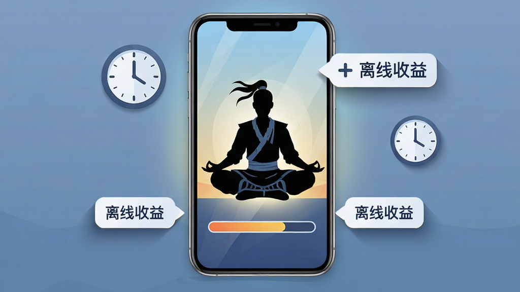 画面主体为一部智能手机屏幕,屏幕中显示一个正在打坐修炼的侠客剪影与进度条,手机周围环绕着时钟图标与“离线收益”字样的悬浮标签,布局为居中构图,风格为扁平化科技插画,细节包括手机边框金属质感、屏幕内发光效果与悬浮标签的投影,画质清晰,画面干净,无多余元素