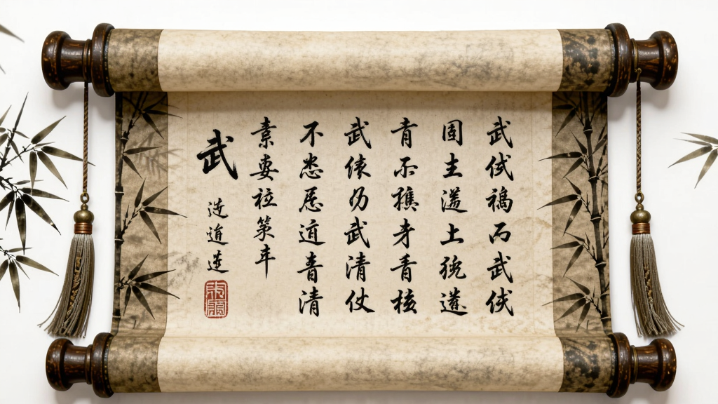画面主体为一幅纵向展开的文字卷轴,卷轴上以竖排书法字体书写武侠场景片段,卷轴两侧点缀竹叶与剑穗图案,布局为居中垂直构图,风格为古风卷轴与文字排版艺术结合,细节包括卷轴木质轴头纹理、宣纸质感与墨色浓淡变化,画质清晰,画面干净,无多余元素