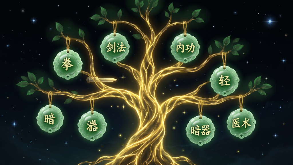 画面主体为一棵发光的技能树,树干由金色线条构成,枝干上悬挂着写有“拳掌”“剑法”“内功”“轻功”“暗器”“医术”等字样的圆形玉牌,布局为居中偏左的树形结构,风格为东方玄幻与信息图表融合,细节包括玉牌光泽、线条流光与背景星点,画质高清,画面干净,无多余元素