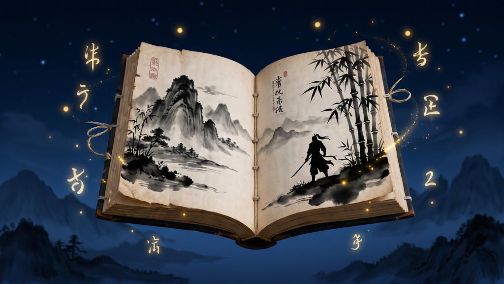 画面主体为一本摊开的古朴线装书册悬浮于画面中央,书页上以水墨风格浮现出山峦、竹林与侠客剪影,书册四周环绕着发光的文字符号与金色光点,布局采用中心对称构图,背景为深蓝色渐变夜空与远山轮廓,风格融合中国水墨画与现代数字艺术,细节处可见书页纹理、墨迹晕染与微光粒子效果,画质高清,画面干净,无多余元素