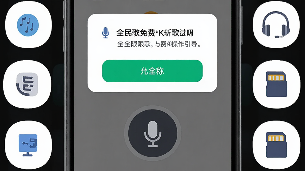 全民唱歌免费K歌的新手操作引导界面,手机屏幕显示权限授权弹窗和麦克风图标,旁边有耳机和存储卡的小图标,风格为简洁的说明性插画,布局为手机居中、图标环绕,细节包括允许按钮、权限说明文字,画质干净清晰,无多余元素