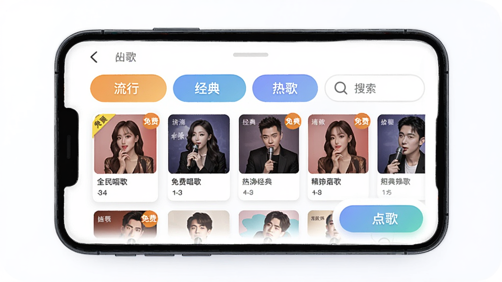 全民唱歌免费K歌的曲库列表界面,展示分类标签和歌曲封面墙,画面中央是手机屏幕特写,屏幕内排列着流行、经典、热歌等分类按钮和带封面的歌曲条目,风格为清爽的卡片式UI插画,细节包括免费标签、搜索框和点歌按钮,画质干净明亮,无杂乱装饰
