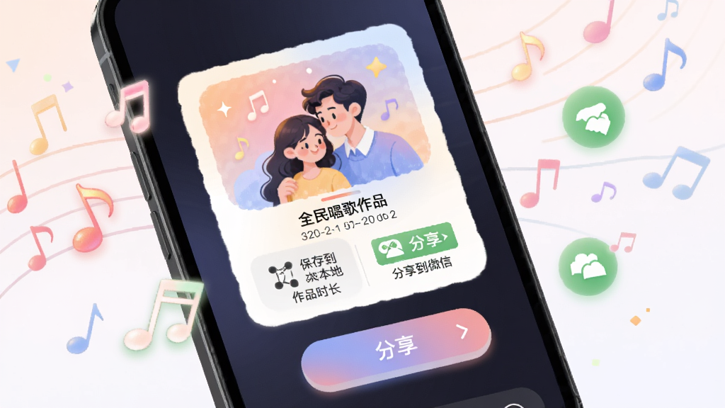全民唱歌免费K歌的作品保存与分享界面,手机屏幕显示录音完成后的作品卡片和分享按钮,周围有音符和分享图标飘散,风格为柔和的渐变插画,细节包括保存到本地、分享到微信、作品时长标注,画质清晰干净,无多余元素