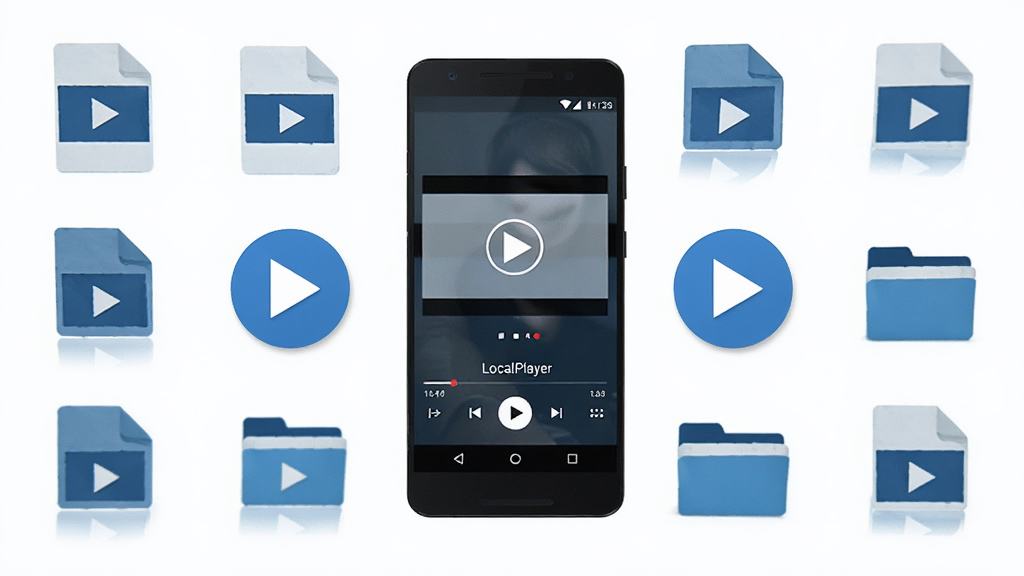 �����������һ����׿�ֻ����ֻ���Ļ��ʾLocalPlayer���������ڲ��ű�����Ƶ������ɾ���࣬��Χ������Ƶ�ļ�ͼ�ꡢ���Ű�ť���ļ��з��ŵ�Ԫ�أ�������ñ�ƽ���Ƽ����ɫ��������Ϊ�������־��жԳƣ�ϸ�����������ʸ��壬�����ɾ��޶���Ԫ��