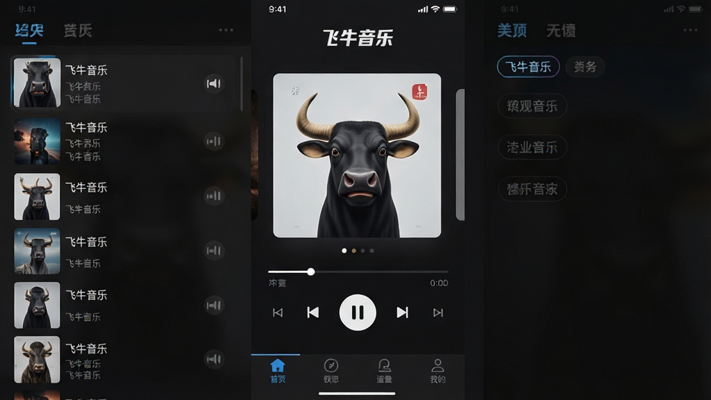 一张展示飞牛音乐主界面的手机应用截图,画面中央是深色主题的音乐播放器界面,顶部显示“飞牛音乐”文字标识,中部为专辑封面与歌曲进度条,底部为播放控制按钮与导航栏,整体布局简洁,风格现代科技感,细节包含歌曲列表缩略图与分类标签,画质清晰干净,无多余元素