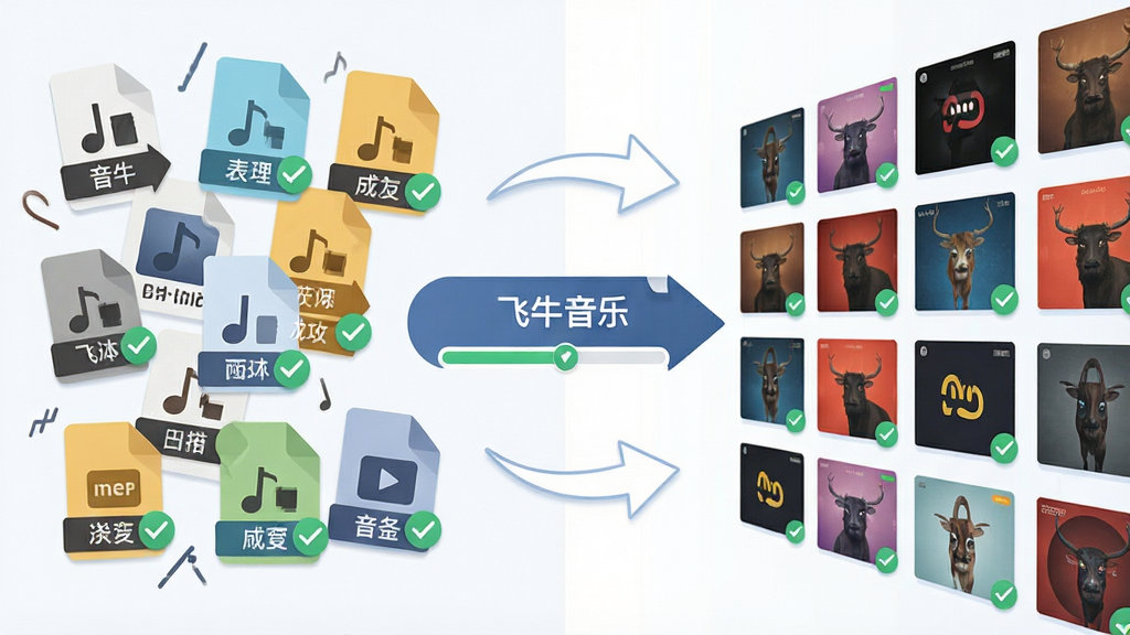 一张表现飞牛音乐智能扫描功能的示意图,画面左侧是杂乱的音频文件图标,右侧经过箭头指向后变为排列整齐的专辑封面墙,中间带有“飞牛音乐”字样的扫描进度条,布局左右对比鲜明,风格扁平化插画,细节包含文件格式标签与匹配成功的勾选标记,画质干净明亮,无多余装饰