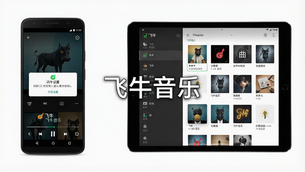 一张展示飞牛音乐在安卓手机与平板双端运行的场景图,画面左侧为手机竖屏播放界面,右侧为平板横屏曲库列表界面,中间以“飞牛音乐”文字标识连接,布局对称清晰,风格清爽简约,细节包含权限设置弹窗与扫描进度提示,画质干净明亮,无多余元素