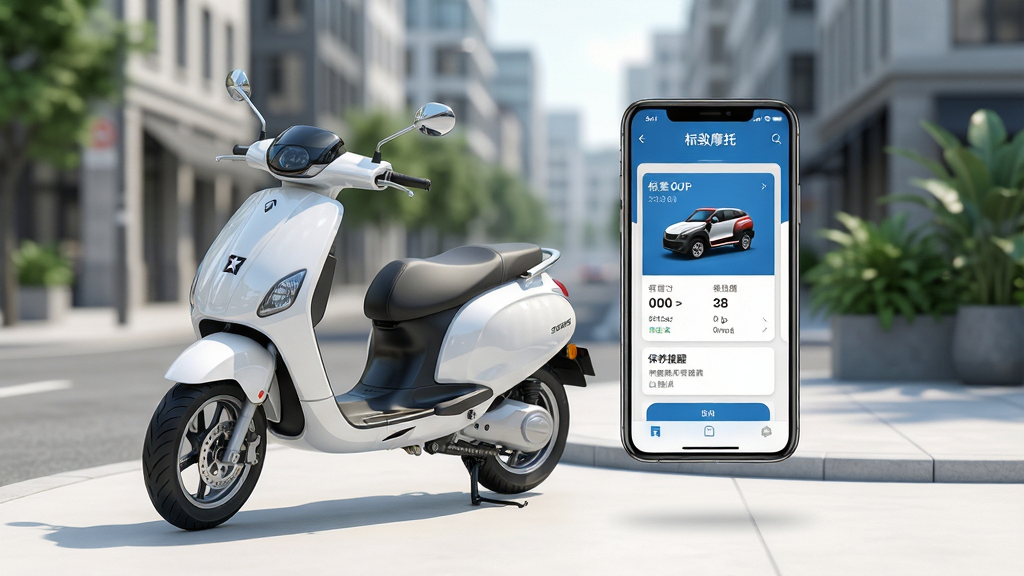 ������һ����ɫ����Ħ��̤��Ħ�г�ͣ�ڳ��нֽǣ��Ա�������һ�������ֻ����ֻ���Ļ����ʾ������ɫ�ĳ�����Ϣ��Ƭ�뱣�����ѽ��棬����Ϊ���Ħ�г��Ҳ��ֻ����Ű�����У����Ϊ�ִ��Ƽ���������������ϣ�ϸ�ڰ����������⡢����ǳɫ��Ӱ�������黯�ĳ��н�������ֲ���������ֻ����涥��д�С�����Ħ�С����������ʸ����������ɾ�ͨ͸���޶���Ԫ��