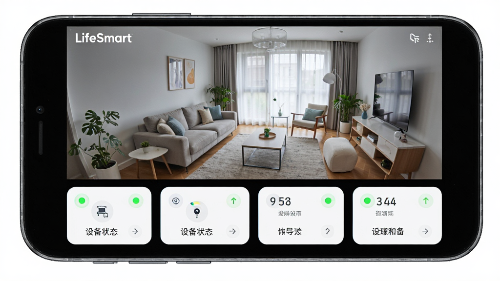 ����Ϊ�ֻ���ĻչʾLifeSmartԶ�̼�ػ��棬����Ϊ�Ϸ�����ͷʵʱ���桢�·��豸״̬��Ƭ���Ű����½ṹ�����Ϊ��ˬ�Ƽ��磬ϸ�ڰ��������еĿ���������״ָ̬ʾ�ƣ����ʸ���ɾ��޶���Ԫ��
