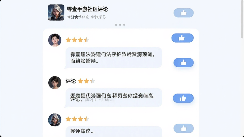 主体为零壹手游社区评论页面,布局为顶部游戏信息加下方用户评论列表,排版为纵向滚动式信息流,风格为清新浅色系,细节包括用户头像、星级评分、评论文字气泡和点赞按钮,画质高清干净无多余元素