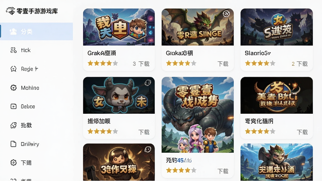 主体为零壹手游游戏库页面,布局为左侧分类栏右侧游戏卡片瀑布流,排版整齐有序,风格为现代扁平化设计,细节包括游戏封面缩略图、评分星级和下载量标签,画质清晰干净无多余元素