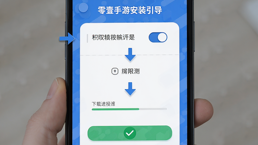 主体为零壹手游安装引导页面,布局为手机屏幕特写加步骤指示箭头,排版为三步纵向流程图,风格为扁平化教程风,细节包括权限开关示意、下载进度条和完成勾选标记,画质清晰干净无多余元素