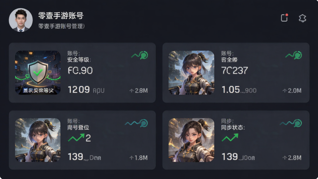主体为零壹手游账号管理面板,布局为顶部头像信息加下方游戏列表卡片,排版为左右分栏的仪表盘样式,风格为简约商务风,细节包括账号安全等级标识、同步状态图标和最近登录时间,画质清晰干净无多余元素