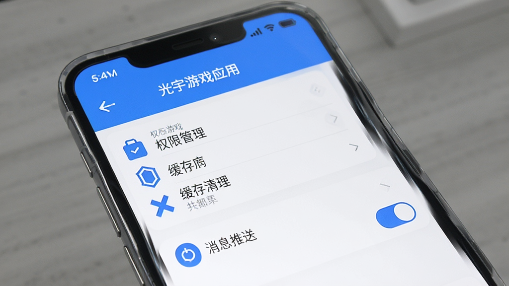 手机展示光宇游戏应用设置页面,包含权限管理、缓存清理、消息推送开关等选项,界面整洁,蓝白配色,图标清晰,布局合理,高清画质,画面干净无杂乱