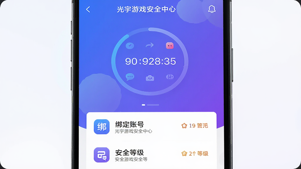 手机界面展示光宇游戏安全中心页面,中央显示六位动态验证码倒计时圆环,下方为绑定账号列表与安全等级标识,蓝紫色调,图标简洁,布局规整,高清画质,画面干净