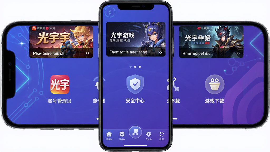 手机屏幕中央展示光宇游戏应用主界面,顶部为游戏资讯轮播图,中部排列账号管理、安全中心、游戏下载等功能图标,底部为导航栏,整体采用蓝紫色科技风格,布局清晰对称,画面干净整洁,高分辨率,无多余元素