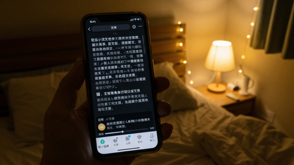 一只手握持手机展示轻小说文库阅读界面,屏幕内为夜间模式下的文字排版与章节进度条,背景为昏暗卧室床头灯光氛围,布局以手机屏幕为视觉焦点,风格真实生活场景摄影,细节包含