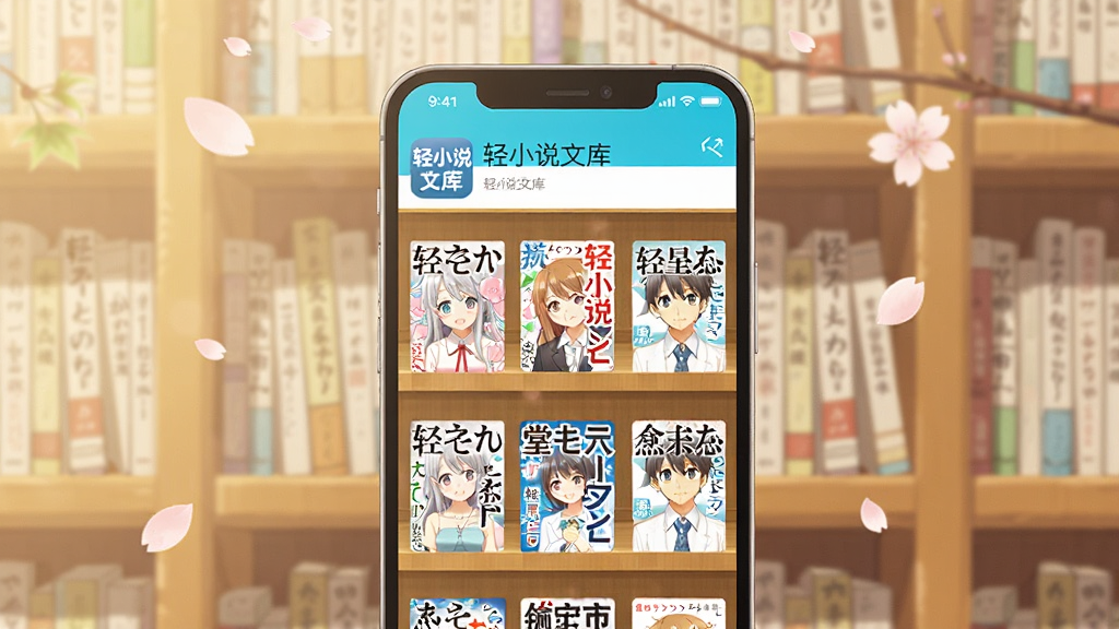 画面中央一部智能手机竖屏展示轻小说文库应用界面,书架上排列多本彩色轻小说封面,背景为柔和暖色调书架与飘落的樱花花瓣,布局简洁居中,风格清新日系插画,细节包含应用图标与