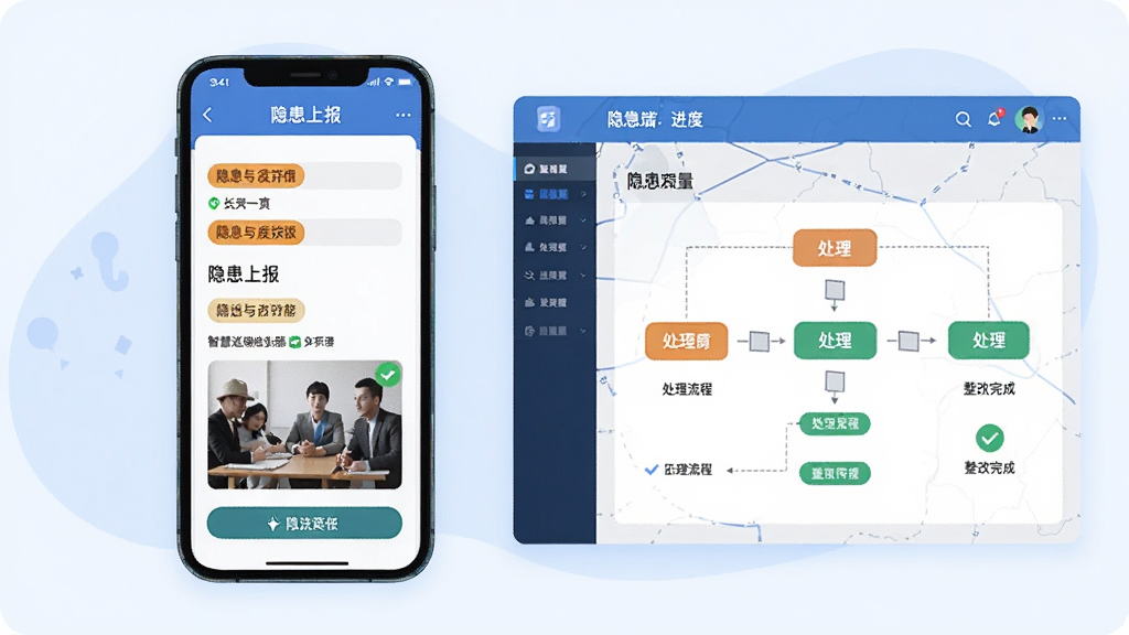 智慧巡检隐患上报与跟踪功能展示,画面中央为手机屏幕显示隐患上报表单与照片上传区域,右侧为管理端隐患处理进度看板,布局为手机与看板并排展示,风格为清新商务插画,细节包含隐患等级标签、处理流程图、整改完成打勾图标,画质清晰干净,无多余元素