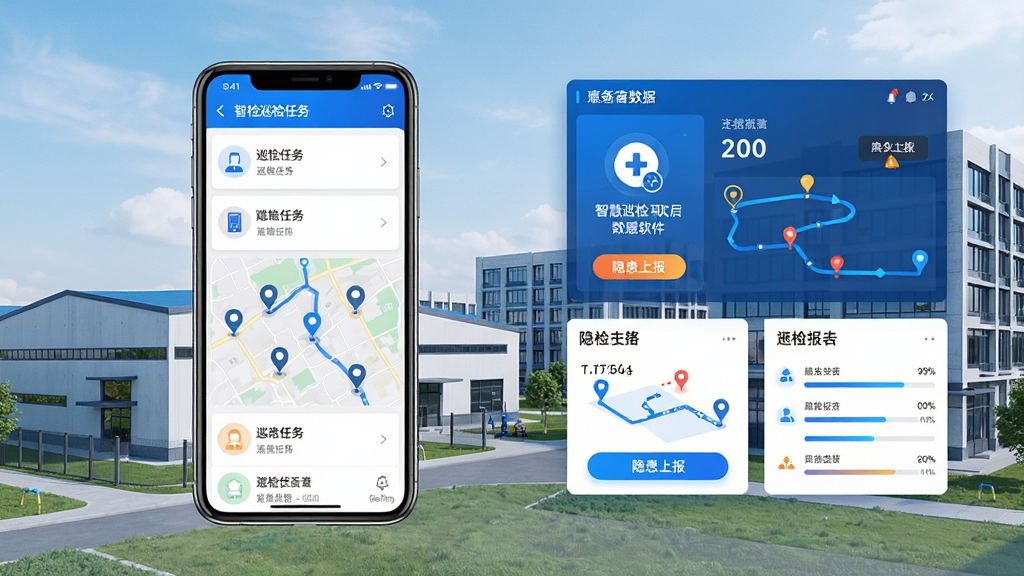 智慧巡检软件主界面展示,画面中央是一部智能手机屏幕显示巡检任务列表与地图点位分布,背景为现代化工业园区与办公楼,布局上手机居中偏左,右侧悬浮数据看板与巡检报表卡片,整体风格为清爽科技蓝白配色,细节包含巡检打卡图标、隐患上报按钮、路线轨迹线条,画质高清干净,无多余元素