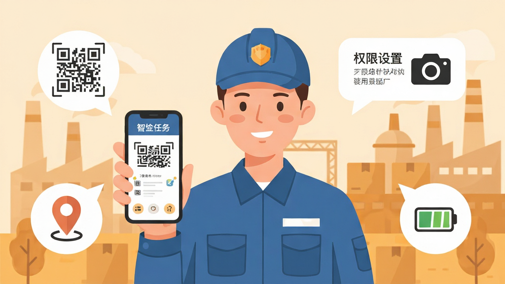 智慧巡检新手安装使用场景插画,画面中央为一名巡检员手持手机在厂区扫码打卡,手机屏幕显示巡检任务界面,周围环绕安装步骤图标与权限设置提示气泡,布局为人物居中、图标环绕,风格为扁平化温馨插画,细节包含二维码点位牌、定位图标、相机图标、电量提示符号,画质清晰干净,无多余元素