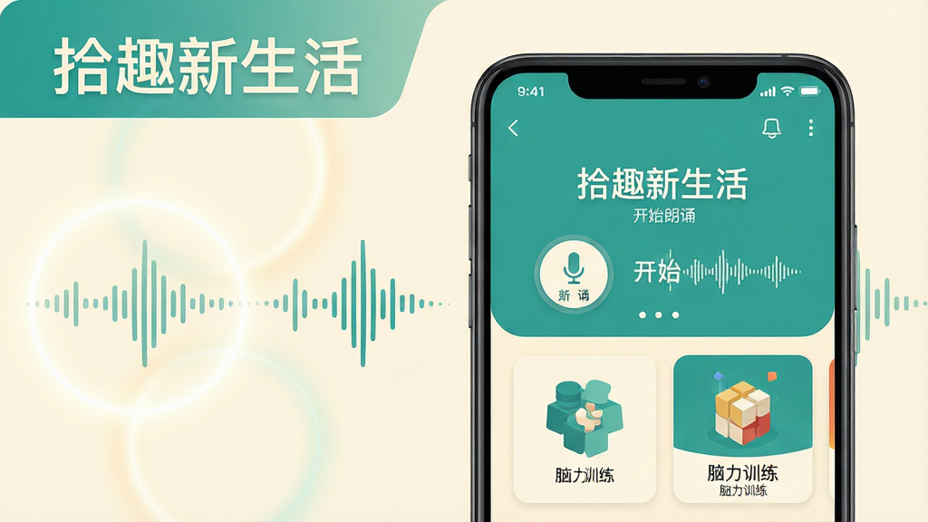 主体为一部竖屏安卓手机,手机屏幕内展示“拾趣新生活”应用主界面,包含朗诵录制按钮与脑力训练卡片入口;布局采用居中构图,手机置于画面中央偏右,左侧留白放置柔和光晕与声波线条装饰;排版简洁,顶部留出标题区域;风格为现代扁平化UI展示风,色调以青绿与米白为主;细节上刻画麦克风图标、音频波形、益智方块等元素,界面文字使用“拾趣新生活”“开始朗诵”“脑力训练”等中文标签;画质清晰锐利,画面干净,无多余元素。