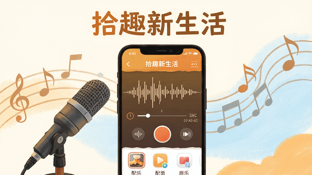 主体为一部手机与一支麦克风,手机屏幕显示“拾趣新生活”录音界面,波形随声音起伏;布局为手机居中、麦克风斜置于左侧,背景辅以五线谱与音符剪影;排版上标题“拾趣新生活”置于画面上方居中位置;风格为温暖插画风,色调橙黄与浅蓝搭配;细节刻画录音按钮、时间轴、配乐选择列表等界面元素;画质干净细腻,无杂乱装饰。