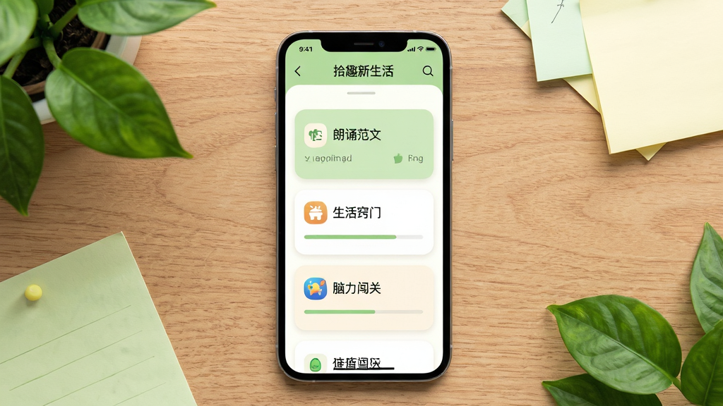 主体为一部手机平放在木质桌面上,屏幕内呈现“拾趣新生活”内容卡片流,卡片上标注“朗诵范文”“生活窍门”“脑力闯关”等分类标签;布局为俯视视角,手机居中,周围点缀绿植叶片与便签纸;排版清爽,顶部有应用名称栏;风格为清新生活风,色调浅绿与暖白;细节刻画卡片圆角、分类图标、进度条等元素;画质明亮干净,无多余元素。