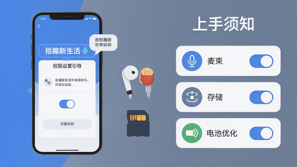 主体为一部手机屏幕显示“拾趣新生活”权限设置引导页,旁边放置耳机与存储卡图标;布局为手机居中偏左,右侧以图标列表形式展示麦克风、存储、电池优化三项权限开关;排版简洁,顶部有“上手须知”字样;风格为扁平说明风,色调蓝灰与白色;细节刻画开关按钮、权限图标、提示气泡等元素;画质清晰干净,无多余装饰。