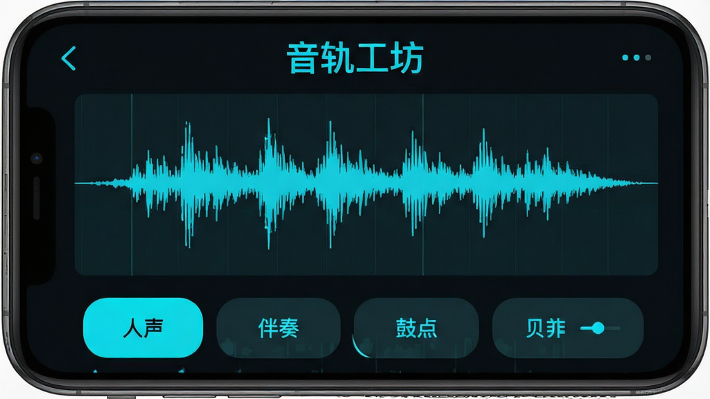 手机屏幕中央展示音轨工坊软件主界面,界面顶部为软件名称“音轨工坊”字样,中部为音频波形可视化区域,下方排列人声、伴奏、鼓点、贝斯等分离轨道按钮,整体布局简洁清晰,采用深色背景搭配青蓝色高亮元素,风格现代科技感,细节上体现波形线条流畅、按钮圆角柔和,画质清晰干净,无多余装饰元素