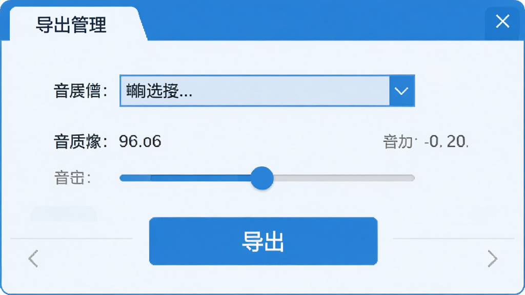 音轨工坊软件导出设置界面,屏幕中央显示格式选择下拉菜单和音质参数滑块,下方为“导出”按钮,界面顶部有“导出管理”标签,整体采用浅色背景搭配蓝色主色调,布局简洁明了,细节上体现选项排列整齐、按钮醒目,画质清晰干净,无多余装饰