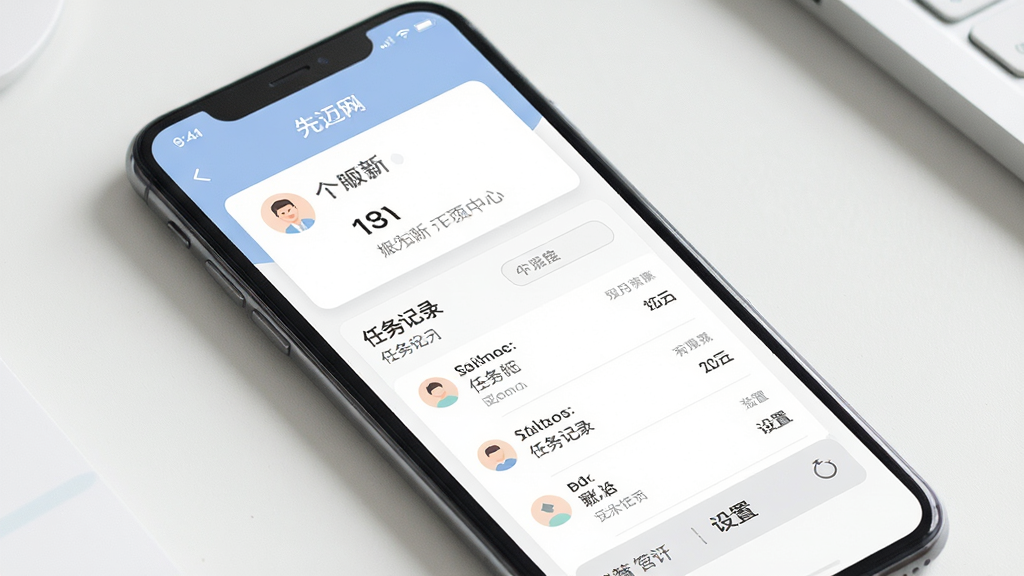 先迈网个人中心页面展示图,画面为手机屏幕内的账户信息卡片、任务记录列表与设置入口,布局规整,配色柔和,风格简洁,画质清晰干净