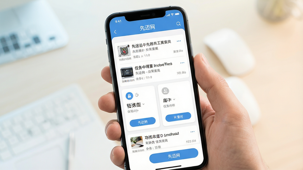 一张手机屏幕展示先迈网应用主界面的效果图,画面中央是手持智能手机,屏幕内呈现资讯列表与任务中心卡片布局,背景为浅色渐变桌面,风格清爽简约,细节包括图标、按钮与文字排版,画质高清干净,无多余元素
