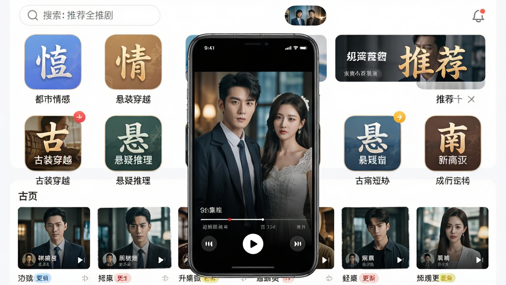 免费短剧全剧多APP首页界面展示,主体为一部竖屏短剧播放窗口,周围环绕都市情感、古装穿越、悬疑推理等题材分类图标,布局采用上下分层排版,上方为搜索栏与推荐横幅,下方为网格化剧集列表,风格清新明亮,细节包含播放按钮、集数标签与更新提示,画质高清,画面干净,无多余元素