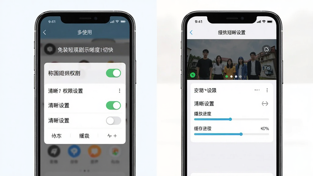 免费短剧全剧多使用教程示意图,主体为手机屏幕展示安装权限设置与播放清晰度切换界面,布局为左右分栏对比排版,风格简洁直观,细节包含权限开关、清晰度选项与缓存进度条,画质清晰,画面干净,无多余元素