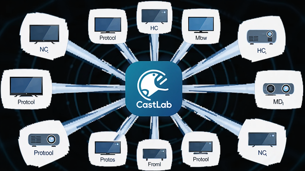 ��������ΪCastLab����ͼ�꣬��Χ���ƶ����ͬƷ�Ƶ�����ͶӰ�ǵļ�ͼ�꣬��Բ�η���״����չʾЭ�����ӹ�ϵ�����Ϊ�Ƽ���ʸ���廭��ϸ�ڰ���ÿ���豸�Ա�עЭ����д��ĸ������ɫ��������Ϊ�������������ɾ��޶���Ԫ��
