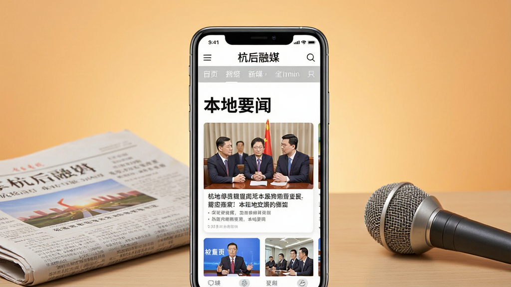 画面中央一部手机显示“杭后融媒”新闻页面,一条醒目的“本地要闻”标题下方配以图文卡片,手机旁边放置报纸和话筒元素,背景为暖色调渐变,风格简洁商务,细节清晰,画质干净,无多余装饰
