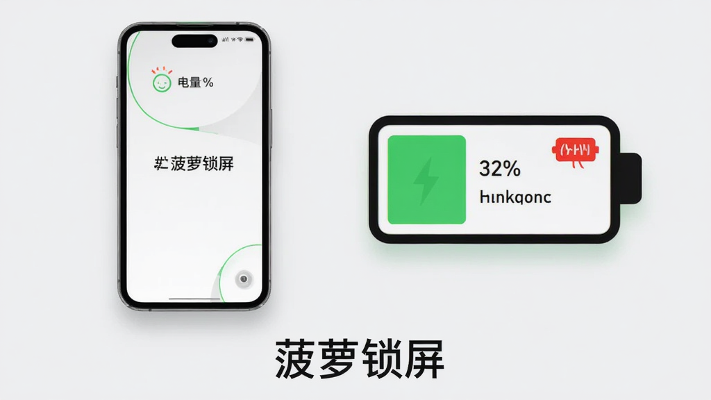 主体为一部手机与一个电池图标组合展示,手机屏幕显示“菠萝锁屏”运行状态页面,旁边电池图标显示低功耗标识;布局为手机居左、电池图标居右;排版简洁,底部为软件名称;风格为极简科技风,浅灰背景配绿色点缀;细节包含电量百分比、流畅线条、轻微阴影;画质高清、干净、无多余元素