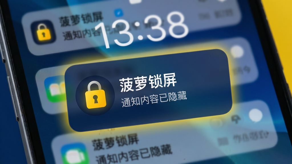 主体为一部手机锁屏界面特写,屏幕中央显示“菠萝锁屏”隐私保护提示卡片,卡片上带有锁形图标与“通知内容已隐藏”文字;布局为卡片居中、背景为模糊处理的通知列表;排版上下结构,顶部为时间;风格为安全科技风,深蓝与明黄配色;细节包含锁形图标、半透明遮罩、柔和光晕;画质清晰、干净、无多余元素