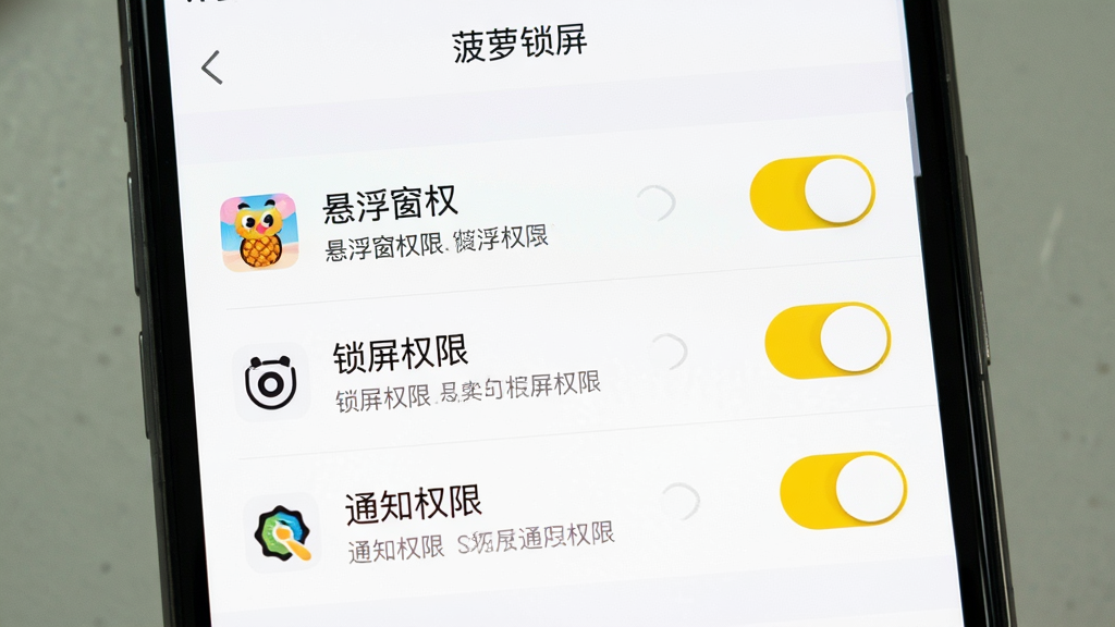 主体为一部手机屏幕展示“菠萝锁屏”权限设置引导页面,页面列出悬浮窗权限、锁屏权限、通知权限三个开关项;布局为列表纵向排列,顶部为软件名称“菠萝锁屏”;排版清晰,每项配图标与说明文字;风格为简洁设置界面风,白底配明黄开关;细节包含开关按钮、权限图标、提示文字;画质高清、干净、无多余元素