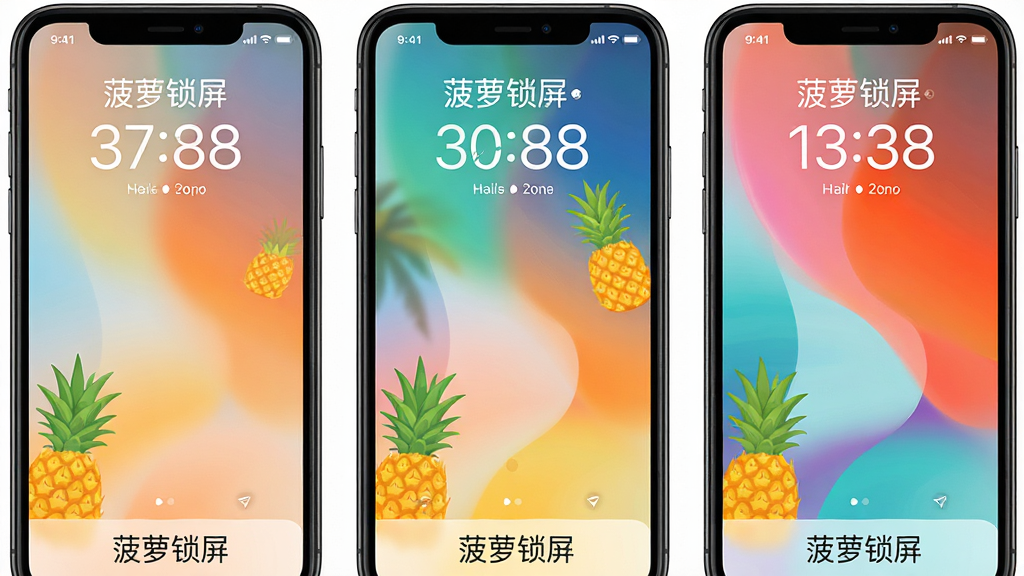 主体为三块并排的手机屏幕,分别展示“菠萝锁屏”三种不同风格的锁屏主题,屏幕上方统一标注“菠萝锁屏”字样;布局为横向三等分排列,手机之间留有均匀间距;排版整齐,底部为软件名称文字;风格为清新插画风,色彩明快;细节包含渐变壁纸、数字时钟、菠萝元素点缀;画质高清、干净、无多余元素