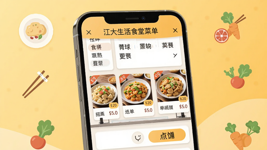 һ��չʾ��������ʳ�ò˵����ܵ�ʾ��ͼ������Ϊ�ֻ���Ļ��д����Ļ����ʾʳ�ô��ڲ˵��б����ƷͼƬ��Ƭ�����м۸��ǩ���Ͱ�ť������Ϊů��ɫ��ͽ��䣬��׺���̡��������߲�Ԫ�صı�ƽͼ�꣬�����ܰ��࣬�Ű����������ʸɾ����޶���Ԫ��