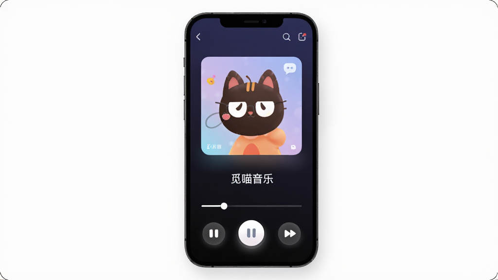 画面特写一部手机屏幕,显示觅喵音乐播放界面,大尺寸专辑封面居中,下方是歌名文字和播放进度条,底部有播放、上一首、下一首按钮,背景为深色夜间模式渐变,布局居中简洁,风格现代扁平,细节上按钮有柔和光晕,画质清晰干净,无多余元素